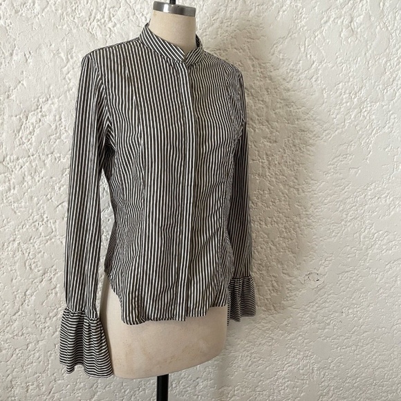 FRAME Size Small Bell Sleeve Button Down Top, Sage Green Striped Poplin Blouse - Picture 1 of 9